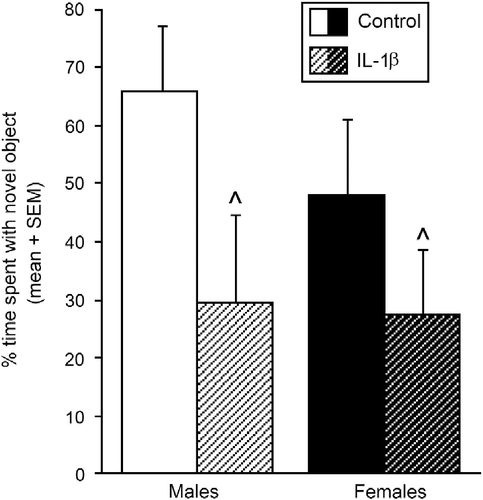 Figure 2.  Object recognition test and cognitive function. Percentage of time spent investigating a novel object (mean ± SEM) in the object recognition task among pubertal male and female offspring whose mothers were exposed to IL-1β (1 μg/rat daily, males n = 9, females n = 8) or vehicle (0.9% saline, males n = 12, females n = 12) on days 17–21 of gestation. ^Indicates significant main effect in two-way ANOVA for IL-1β-exposed offspring to differ from control offspring, p < 0.05.