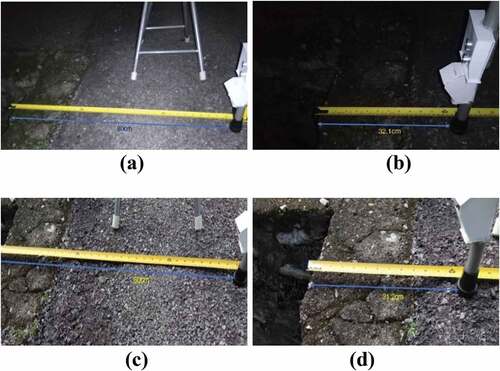 Figure 11. Hole detection experiment at location C: (a) Laser ranging sensor test at night with no front hole (b) Laser ranging sensor test at night with front hole (c) Laser ranging sensor test at daylight with no front hole (d) Laser ranging sensor test at daylight with front hole
