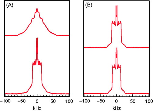 Figure 3. 2H NMR spectra of 50:50 POPC/DPPC-d31 and 50:50 POPC-d31/DPPC at (A) 17 °C; (B) 33 °C.