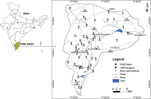 Figure 1. Map showing the Uppar Odai sub-basin located in the western margin of Tamil Nadu State in southern India, with locations of vertical electrical soundings (VES), PWD observation wells and borewells.