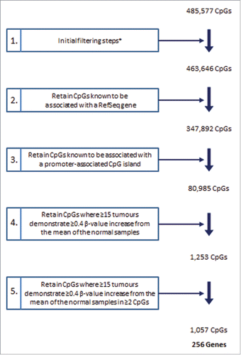 Figure 1. Array filtering steps. Summary of the steps implemented for the identification of CpGs hypermethylated in HG-NMIBC. The initial filtering steps (*) included exclusion of non-significant probe data, probes with missing data and probes located on allosomes. RefSeq (National Center for Biotechnology Information Reference Sequence Database). CpG island based upon the UCSC genome browser definition from Gardiner-Garden and Frommer.Citation78