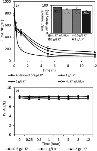 Figure 7. Effect of K+ ion on ammonium removal with ion exchange from sVFA solution.