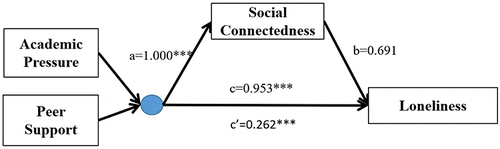 Figure 3 Mediating effect of social connectedness between the block variable (academic pressure–peer support) and loneliness among adolescents.