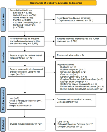 Figure 1. Flow Diagram for the Scoping Review on Air Pollution and Chronic Eye Diseases in Adults.