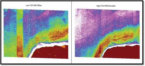 Figure 2. A band ratio equation applied to bands with low TDI (left) clearly reveals vertical striping throughout the image over aquatic pixels that are not seen in the terrestrial pixels (i.e. the lower right of the image). Using high-TDI bands (right) largely eliminates the striping.