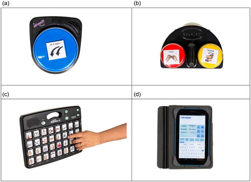 Figure 3. Technological devices with speech output. (a) BIGmack https://www.ablenetinc.com/bigmack/. (b) iTalk 2 https://www.ablenetinc.com/italk2/. (c) GoTalk Express 32 https://www.attainmentcompany.com/gotalk-express-32. (d) Tablet with Speech Assistant AAC APK https://speech-assistant-aac.en.softonic.com/