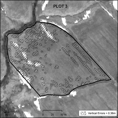 Fig. 5 Spatial distribution of snow patches and vertical errors on Plot 3.