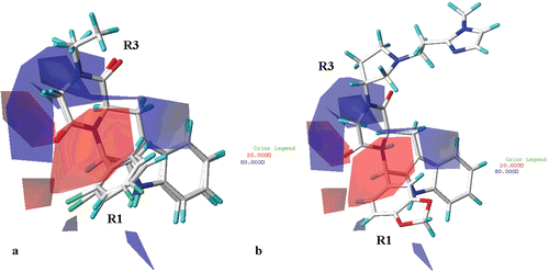 Figure 8.  CoMFA electrostatic areas are displayed around compounds 23 and 27 (a) and around THBC 62 (b). Blue regions are favourable for more positively charged groups; red regions are favourable for less positively charged groups. Inhibitors are depicted in stick mode and coloured by atom type.