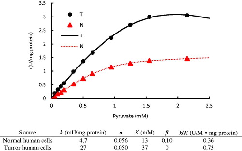 Figure 6. The initial rates of LDH from tumor human breast cells (T) and normal human breast cells (N) vary with substrate concentrations in conversion of pyruvate to lactate; The data were taken from the publicationCitation6; Kinetic parameters of different LDH isoenzymes are listed in the table. The dots denote the experimental data and the lines represent the simulation results.