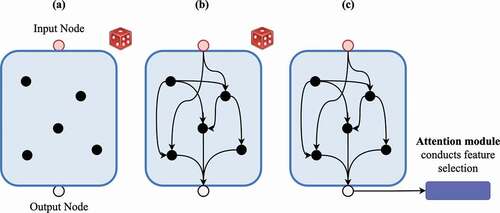Figure 2. The process of generating a randomly connected deep-learning architecture. The red and the grey nodes are the input and the output nodes of the block, respectively. The black nodes are the convolution operations. The purple module is a multi-head self-attention module.