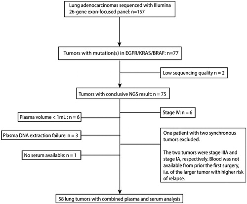 Figure 1. Study scheme, outlining inclusion of patients. Mutation analysis was performed on 157 surgically resected lung adenocarcinomas. Based on the tumors’ mutational status (KRAS-/EGFR-/BRAF-positive), stages (I–IIIA), and the availability of pre-operative blood samples, 58 patients were selected for analysis of plasma ctDNA and serum tumor markers.