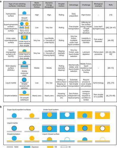 Figure 4. (a) Summary of non-sticking surfaces and their properties. (b) Variation in non-sticking surfaces/interfaces.