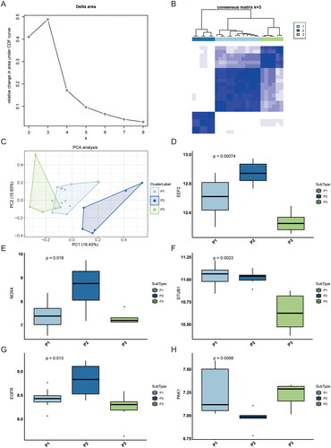 Figure 6. Unsupervised clustering of RA patient samples based on dataset GSE12021. (A, B) Unsupervised Clustering analysis. (C) PCA analysis results.(D-H) Expression pattern of feature genes. RA: rheumatoid arthritis; PCA: Principal Component Analysis.