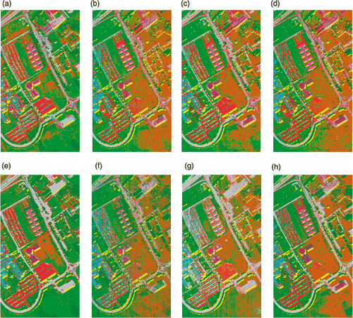 Figure 15. Classification maps of University of Pavia data using 30 training samples per class with SVM classifier (a) KPCA, (b) DAFE, (c) DBFE (d) NWFE, (e) KPCA p , (f) DAFE p , (g) DBFE p and (h) NWFE p .