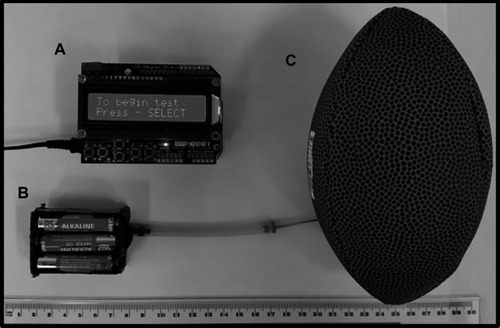 Figure 1 (A) IB visual display and processing unit. (B) IB pressure sensor unit with needle valve adaptor. (C) Mini size rugby ball.