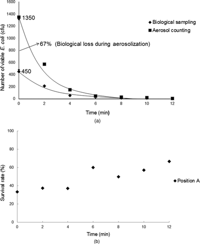 FIG. 6 The number of viable E. coli estimated from aerosol counting and measured by biological air sampling and the survival rate. (a) The number of viable E. coli estimated from aerosol counting and measured by biological air sampling. (b) The survival rate.