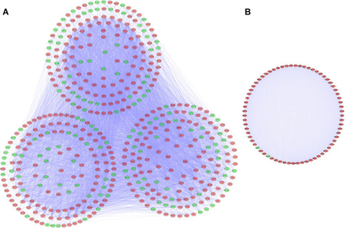 Figure 3 Protein-protein interaction (PPI) network and modules analysis. (A) PPI network for differentially expressed RBPs (DE RBPs). (B) Key module 1 in the PPI network.