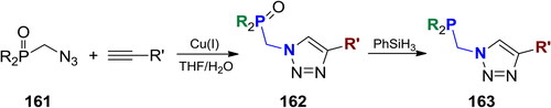 Scheme 101. Syntheses of P,N-acetals from azidomethyl phosphine oxides (R = i-Pr, Cy, Ph).[Citation356,Citation357]