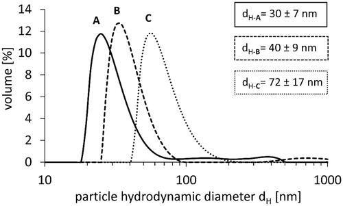 Figure 1. DLS size distribution by the volume of A, B, and C PS-NPs.