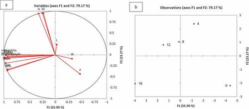 Figure 3. Principal Component Analysis (PCA) of the study quality parameters of Greenback grey mullet (Chelon subviridis) stored at refrigerator: (A) the parameters of the quality index as follows: sensory, TMC, PTC, TVBN, TMA, pH, TBA, FFA (B) 1 = day 1, 4 = day 4, 8 = day 8, 12 = day 12 and 16 = day 16