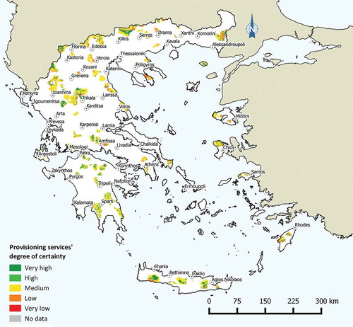 Figure 6. Thematic representation of the ‘degree of certainty’ of provisioning services at 91 mountainous sites (SACs) in Greece.