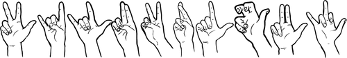 Figure 1. Handshapes from the Chinese University Hong Kong font that include retracted ring finger (RFR). The first nine handshapes from left to right are attested in American Sign Language (ASL); while the last handshape on the right one is not productive in ASL, it does have specific usage in the southwest region of the United States related to cactus plants.