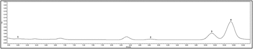 Figure 2. Chromatogram of acetone (100%. v/v) extract of quince Chaenomeles japonica leaf sample investigate (λ = 205 nm)