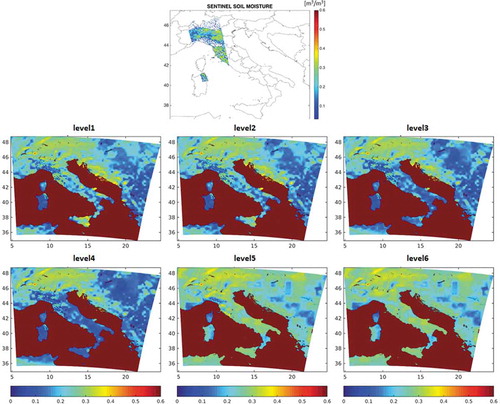 Figure 3. First row: S1 derived soil moisture; second and third rows: six layers SM maps used as WRF input