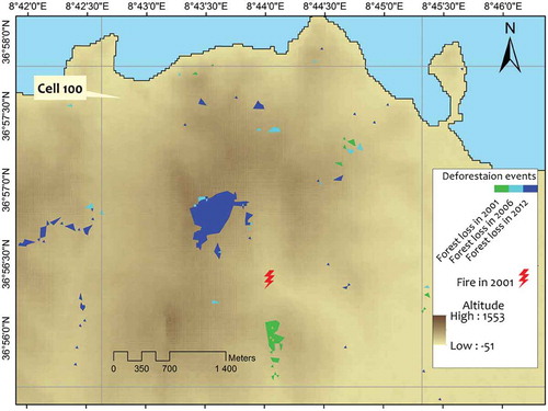 Figure 5. Forest fires and deforestation events covered by cell 100.