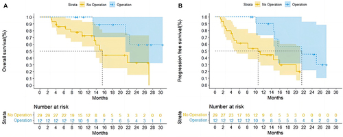 Figure 2 Overall Survival (A) and Progression-Free Survival (B) for Patients Who Underwent Surgery.