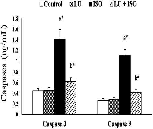 Figure 3. Effect of LU on cardiac apoptotic markers. Values are presented as the mean ± standard error of mean (SEM). The probability value (p-value; #p < 0.01, *p < 0.05): where ‘a’ indicates the significant difference between the ISO group and the Control group, while ‘b’ indicates the significant difference between LU + ISO group and ISO-induced groups. LU: lutein; ISO: isoproterenol.