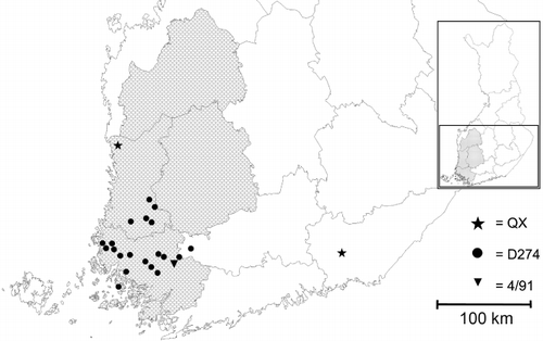 Figure 2. Distribution of the different IBV genotypes in Finland. Most of the infected farms are located in southwestern Finland. The areas that have the highest poultry density in the country are shaded grey.