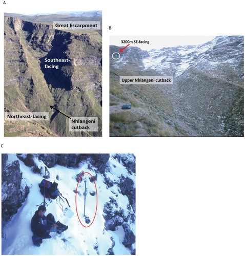 FIGURE 2. (A) The Nhlangeni cutback along the Great Escarpment, with (B, C) an example of the upper southeastfacing cutback monitoring site.