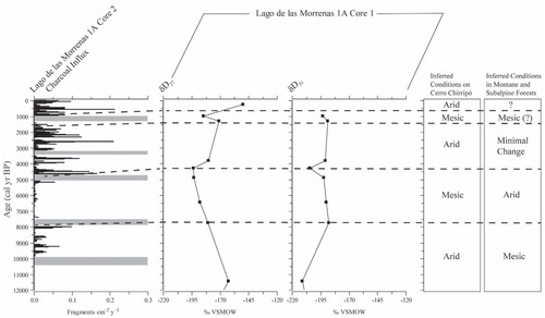 FIGURE 4. Comparison of δ13C and C27 n-alkane δD isotope data with Lago de las Morrenas 1 core 2 macroscopic charcoal data (CitationLeague and Horn, 2000), C27 n-alkane δD values, and C31 n-alkane δD values. Inferred climate conditions on Cerro Chirripó are based on relative changes in C27 n-alkane δD values. Inferred climate conditions at lower elevations (montane and subalpine forests below the páramo) are based on relative changes in C31 n-alkane δD values. The terms “mesic” and “arid” are relative and refer to temporal changes in nalkane δD values compared to the preceding time period. VSMOW = Vienna Standard Mean Ocean Water.
