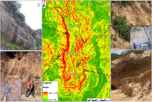 Figure 7. Analamanga hill DEM slope map (a), and the related geology (arrows show the outcrops): (b) granite western slope rock wall; (c) laterite soils (d: detail); (e) slope eluvial-colluvial deposits (f: detail); (g) alluvial deposits. Source: Author