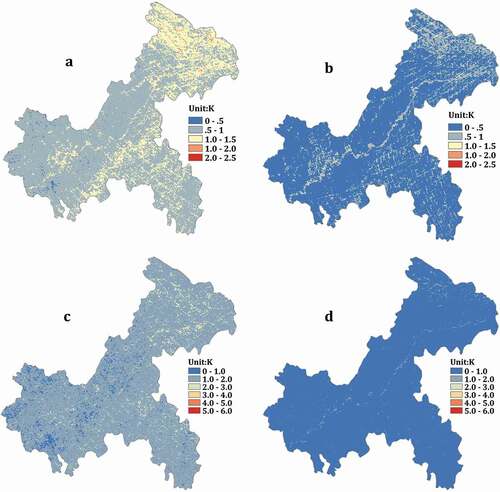 Figure 8. Spatial distribution of the mean absolute value (a, b) and the standard deviation value (c, d) of FY3C/VIRR and TERRA/MODIS TD in 2018