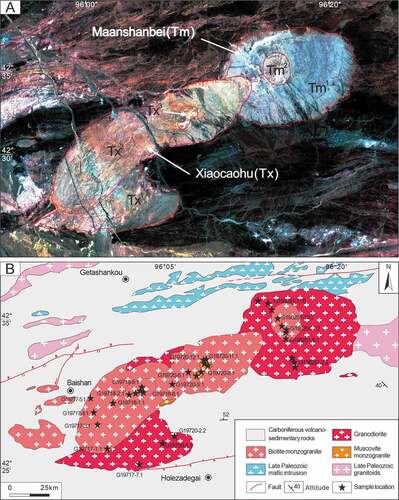 Figure 2. (A) ETM image and (B) Geological map of the Baishandong pluton, after XBGMR (1993) .