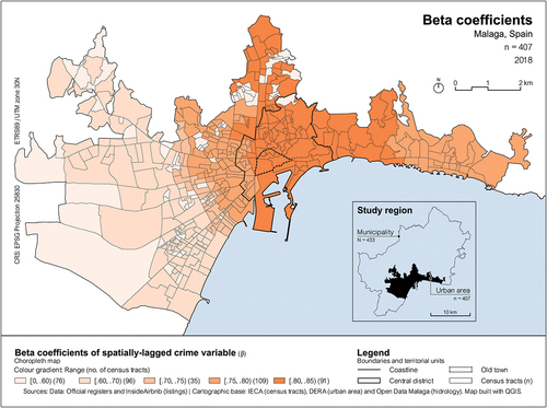 Figure 9. Local beta coefficients of spatially-lagged crime variable.