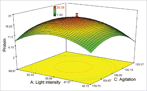 Figure 3. 3D response surface plot of central composite design showing the mutual effects of light intensity and agitation rate on protein amount (μg/100 μL) of T. striata.
