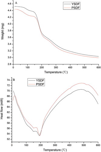 Figure 1. Thermal analysis of SDFs. (A) TG curves of SDFs; (B) DSC curves of SDFs.