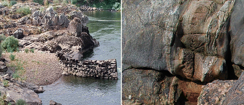 FIGURE 1: (A) The banks of the Minho River with alluviums associated with fishing artifacts. (B) Outcrop showing the diversity of igneous and metamorphic lithologies and textures.