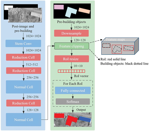 Figure 7. Architecture of CopBudNet. Stem conv performs initial feature extraction through 3x3 convolution; reduction cell halves feature map dimensions with convolution and pooling; normal cell further extracts features using convolution and pooling without size alteration. RoI (region of interest) is the minimum enclosing rectangle of building objects; fully connected layer maps RoI vectors into 2 dimensions; softmax (Jang et al., Citation2017) is an activation function used to derive probabilities for building collapse.
