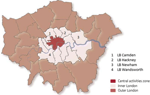 Figure 1. Selected local authorities in the London context. [Adapted from Greater London Authority (Citation2011, p. 47, Map 2.2)].