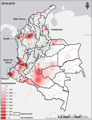 Figure 2. Assassinations of social leaders at the municipal level 2016–2019.