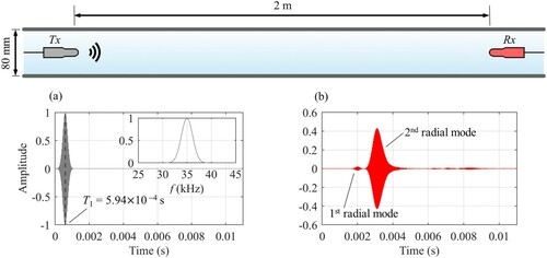 Figure 3 (a) A Gaussian modulated pulse is emitted from the source at one end of the pipe, with its amplitude spectrum shown in the inset. (b) The response of the system 2 m away from the source is characteristic of multipath propagation and comprises of two wavepackets, with the fastest attributed to the 1st radial, and the trailing to the 2nd radial mode