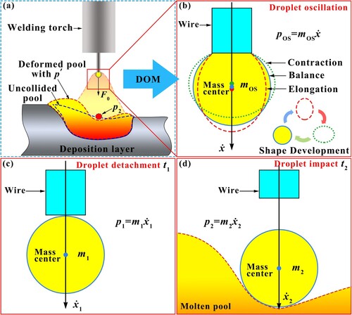 Figure 1. Conceptual framework of droplet oscillation momentum (DOM). (a) General view, (b) droplet oscillating, (c) moment of droplet detachment, and (d) moment of droplet contact with the molten pool.