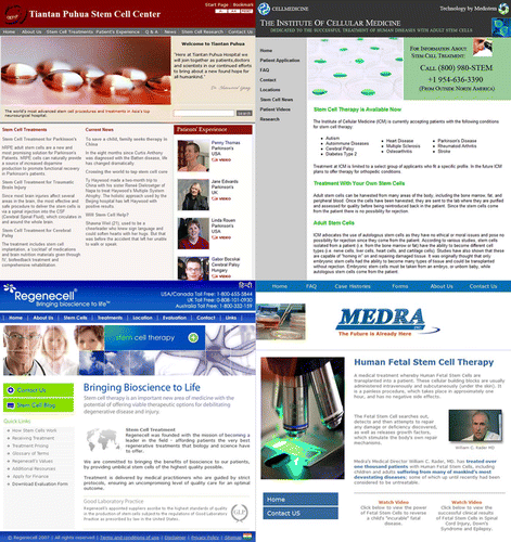Selling hope - companies offering stem cell therapies online (2007) Clockwise from left corner: Tiantan Puhua Stem Cell Center. People's Republic of China www.stemcellspuhua.com. Cell Medicine. United States of America http://www.cellmedicine.com/. Medra Inc. United States of America, Georgia, Germany, Dominican Republic http://www.medra.com/. RegeneCell. United States, Seychelles and other locationas http://www.regenecell.com/