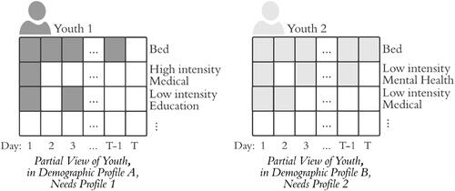 Figure 2. Examples of needs profiles for two youth who belong to two different demographics where shading indicates different demographics groups.