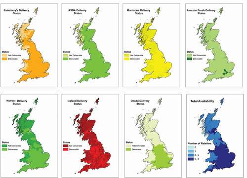 Figure 1. GB groceries delivery coverage by retailer and overall coverage (count of retailers offering delivery) at the LSOA level as of July 2019.