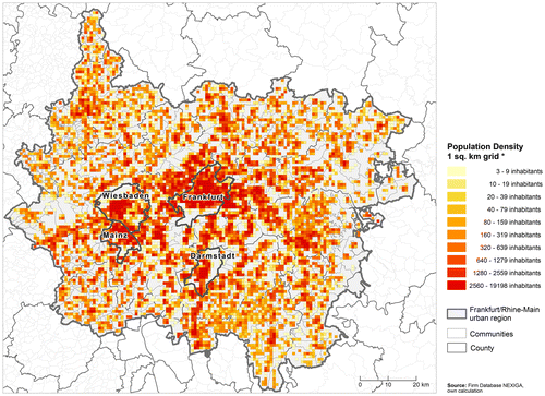 Figure 1. Frankfurt/Rhine-Main urban region: core cities and population densities (1 km2 grid, 2011). Note: White-coloured areas: not inhabited or data censored (fewer than three inhabitants per 1 km2 grid cell). Sources: Census 2011, BBSR. Cartography: Jutta Rönsch.